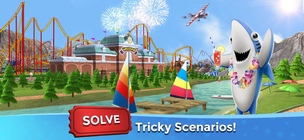 A shark mascot in a theme park with a roller coaster and the text Solve Tricky Scenarios.