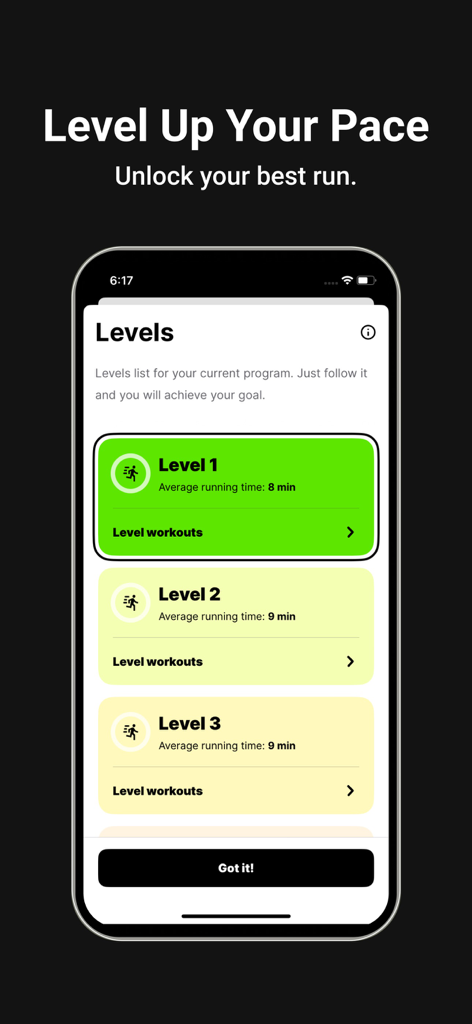 Smartphone screen displaying personalized training levels in the iRun app