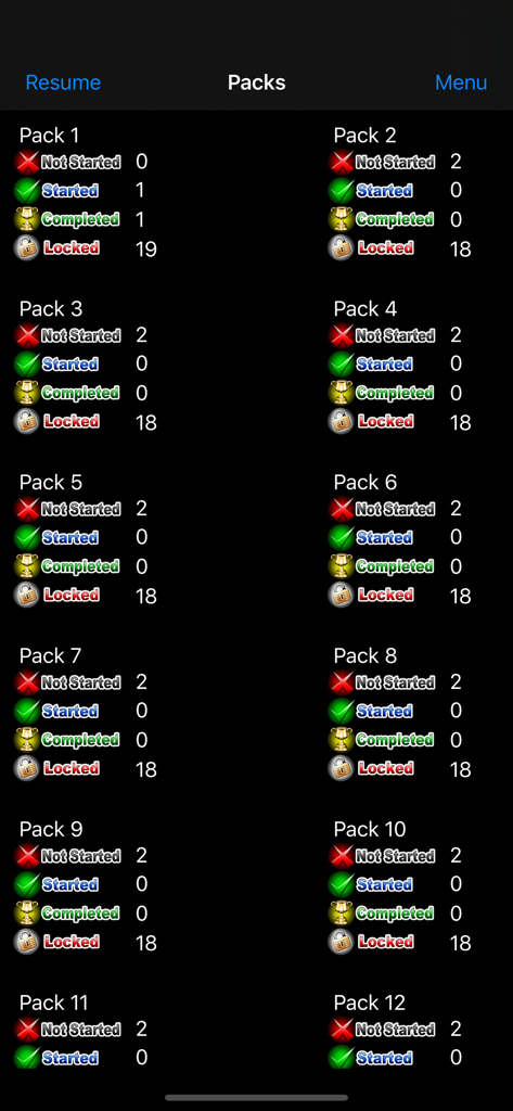 Cryptic Crossword - Menu screen of the Cryptic Crossword app showing multiple puzzle packs and progress status for each.