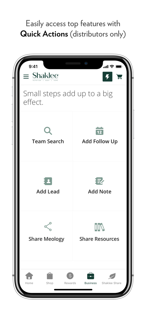 Shaklee Connect - Shaklee Connect app showing distributor quick actions for business management