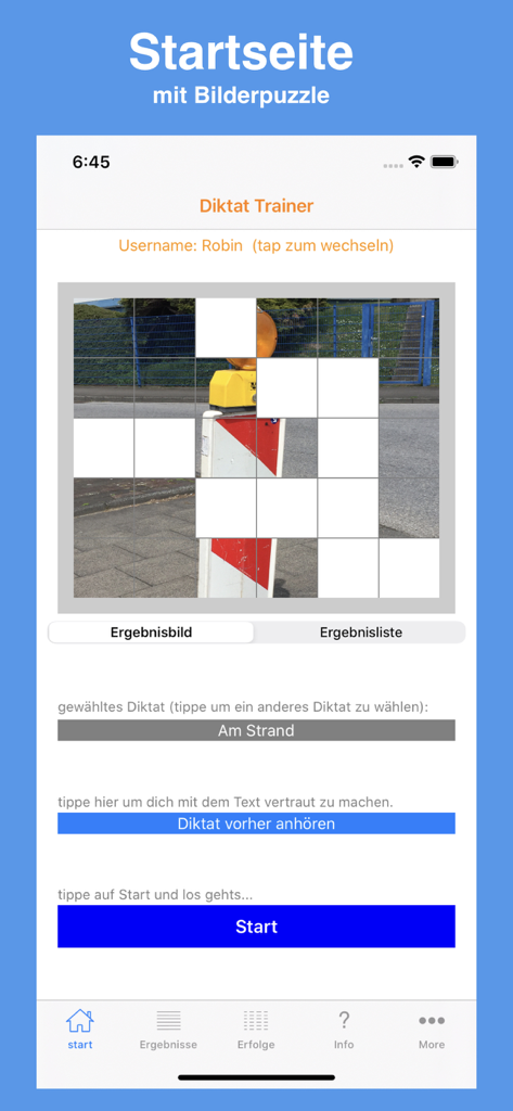Diktat Trainer app home screen with a progress picture puzzle and dictation start options