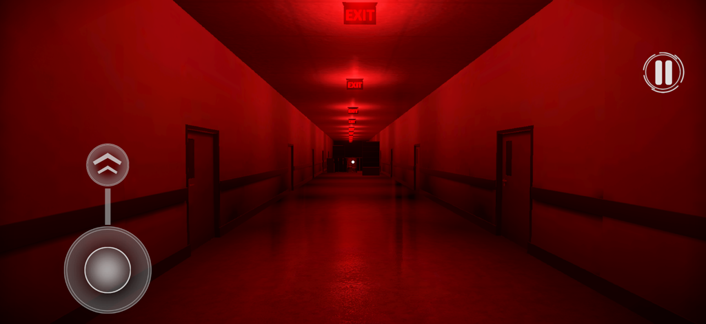 Backrooms: Outrun To Survive! - Un aterrador pasillo rojo en el Nivel Corre por tu vida con letreros de salida brillantes y controles del juego en pantalla