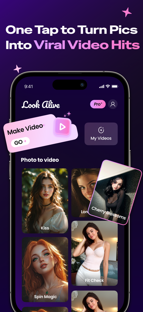 Interfaz de la aplicación Look Alive mostrando funciones de conversión de foto a vídeo con IA.