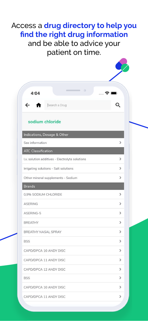 SwipeRx - Smartphone interface showing the SwipeRx drug directory feature with search results for sodium chloride including ATC classification and brand names.