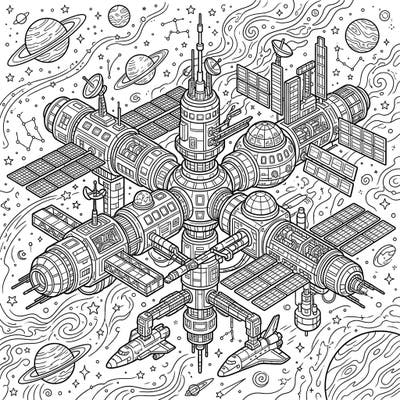 Unleash your creativity with this epic coloring page featuring a highly detailed space station. Designed for teens, it offers an intricate sci-fi adventure through the cosmos, complete with planets and stars.