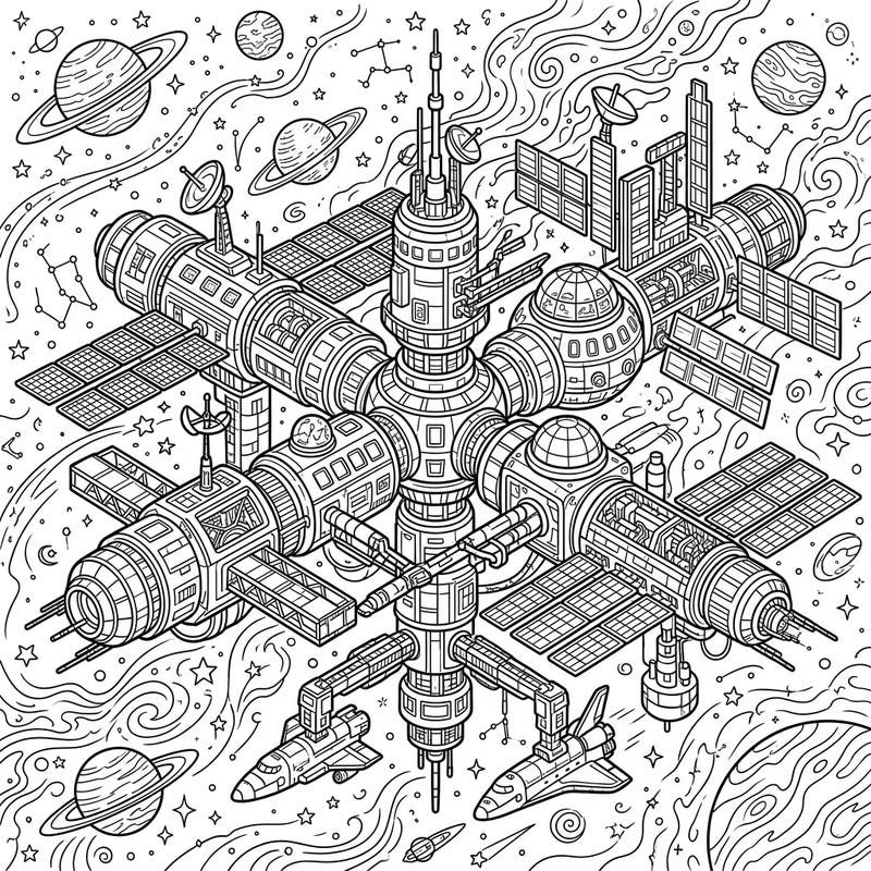 Unleash your creativity with this epic coloring page featuring a highly detailed space station. Designed for teens, it offers an intricate sci-fi adventure through the cosmos, complete with planets and stars.