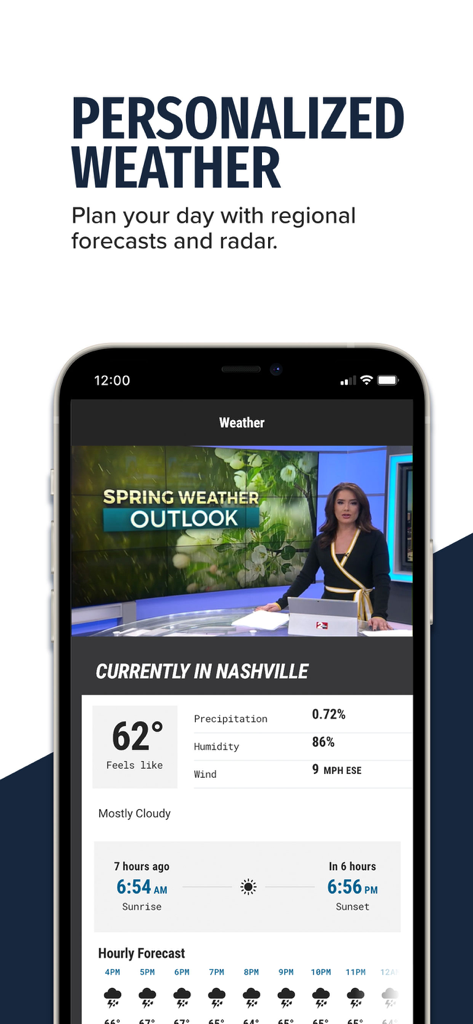 WKRN Nashville News 2 app screen displaying local weather conditions, hourly forecast, and a spring weather outlook video
