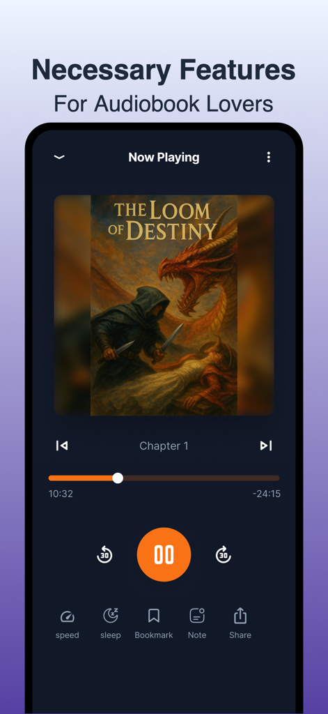 Pantalla "Reproduciendo ahora" de la aplicación HearBook que muestra los controles de reproducción de audiolibros, configuración de velocidad, temporizador de apagado y marcadores.