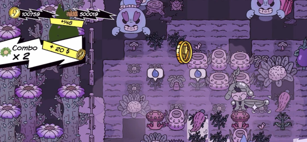 Super Farming Boy gameplay showing a chain reaction combo and earned currency in a stylized farm field.