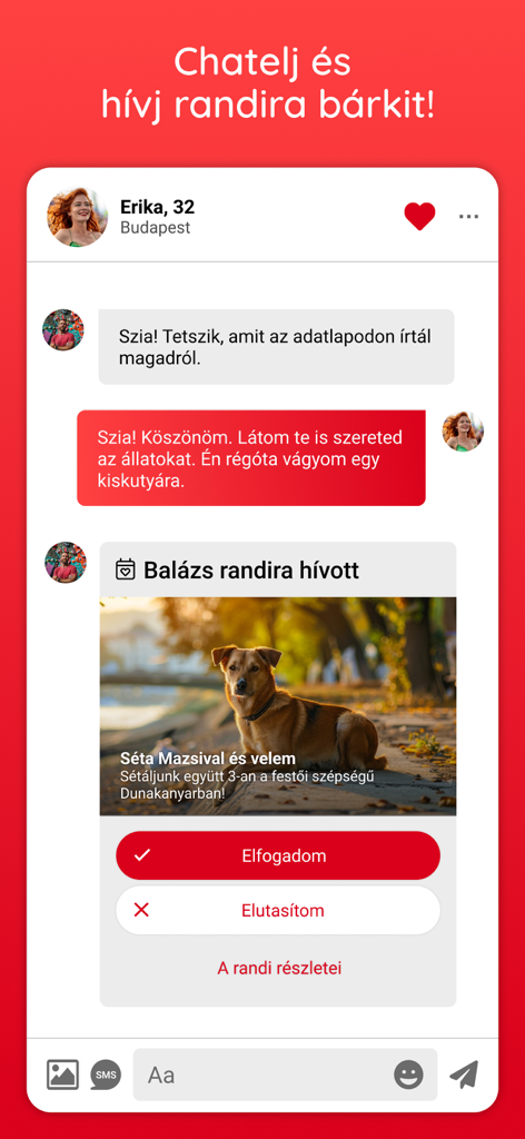 Mobile Chat-Oberfläche der Randivonal-Dating-App, die ein Gespräch und eine Dating-Einladung auf Ungarisch zeigt.