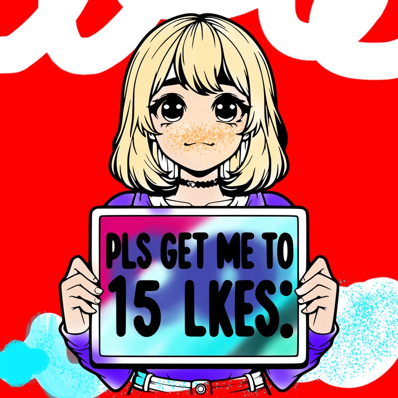 realistic girl holding up a sign that says “pls get me to 15 likes!”
