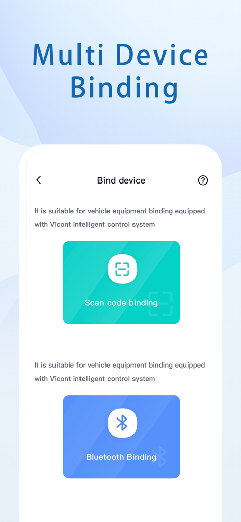 Vicont - Interfaz de la aplicación Vicont que muestra opciones para vincular dispositivos mediante código QR o Bluetooth