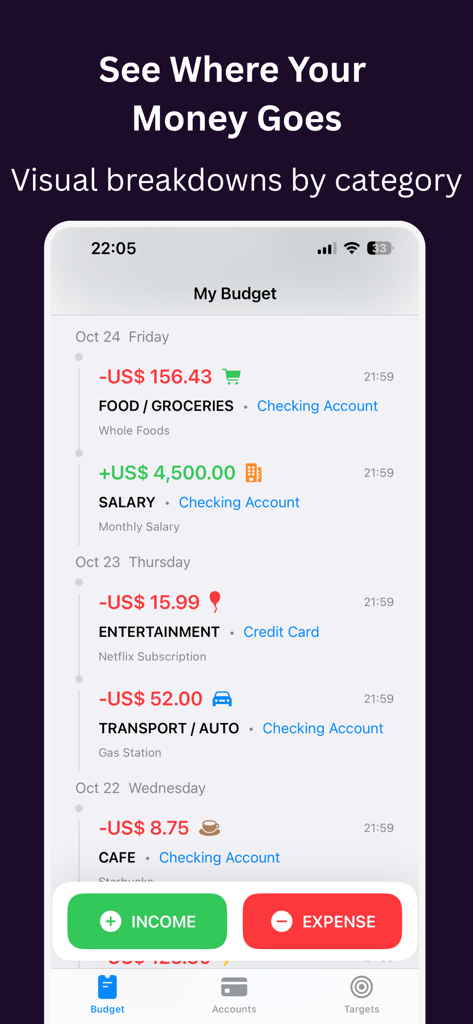 Pocket - Budget Tracker - Pocket app screenshot showing a daily timeline of manual income and expense entries with category icons and currency