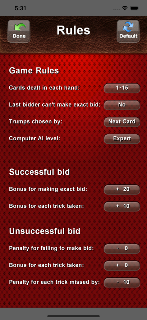 Tela de regras do jogo de cartas Wizard mostrando opções de pontuação e configurações de dificuldade da IA.