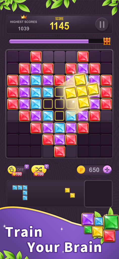 Block Puzzle - Fun Games - Colorful jewel blocks forming a heart shape on a grid in a brain training puzzle game