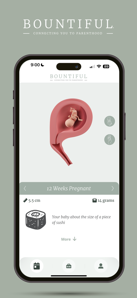 Bountiful app pregnancy tracking interface showing a 12 week fetus with a sushi size comparison and growth data