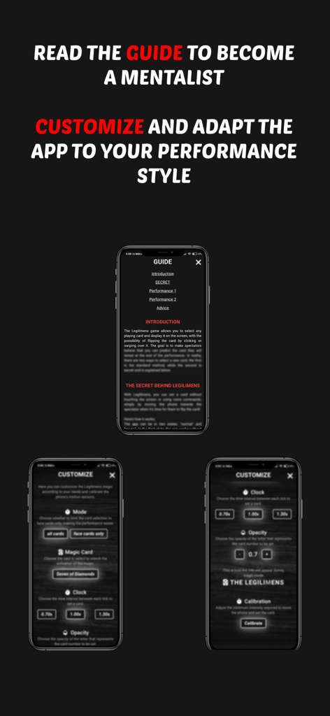 Captura de tela do aplicativo Legilimens mostrando instruções do guia e configurações de personalização para performances de mentalismo.