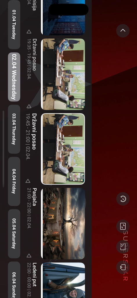 MOVE TV - Oberfläche der MOVE TV App mit einem Catch-up-TV-Plan mit mehreren serbischen Programmen