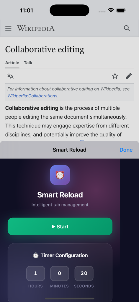 Interfaz de la extensión Smart Reload mostrando la configuración del temporizador para recargar automáticamente pestañas de Safari