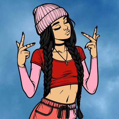 realistic teenage girl with braids and a beanie and crop top doing 🫶🏼