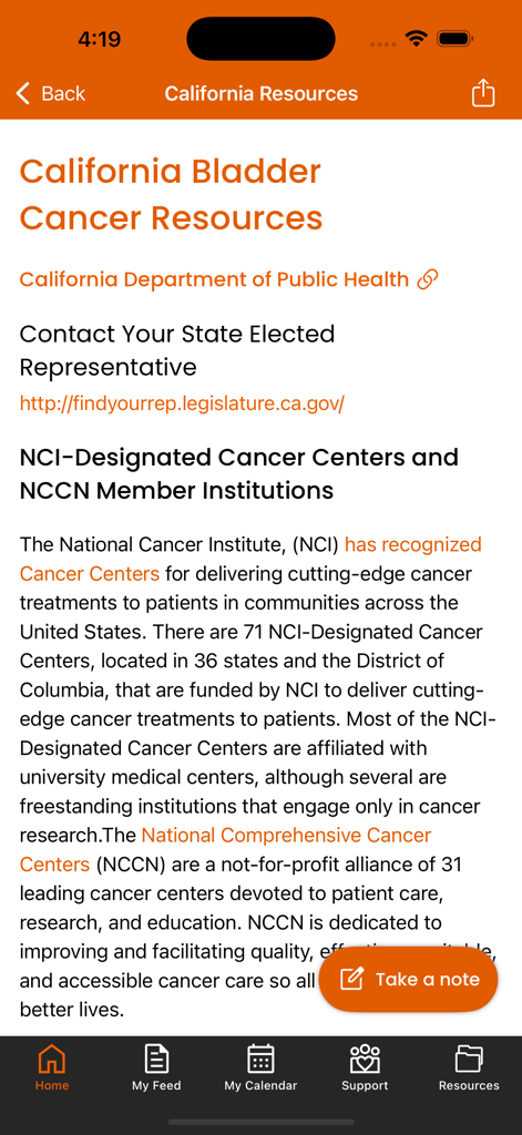 BCAN Bladder Cancer App - Medical resources screen for California bladder cancer patients in the BCAN app
