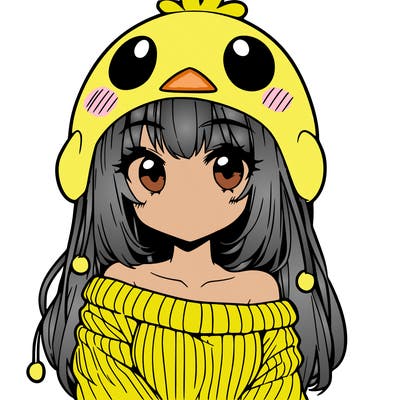 anime girl with chick shaped hat with sweater with bare shoulders with bangs covering them one eye with low tail