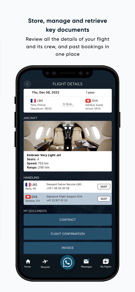 Private Jets Charter LunaJets - LunaJets app display showing private jet flight details between Paris and Geneva including aircraft specs and digital travel documents.