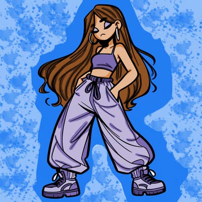 girl in baggy pants crop top and long hair