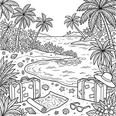 Dream of your next escape with this delightful lagoon beach coloring page, brimming with all the elements of a perfect tropical vacation. Unpack your virtual bags and let your imagination soar as you bring this tranquil scene to life.