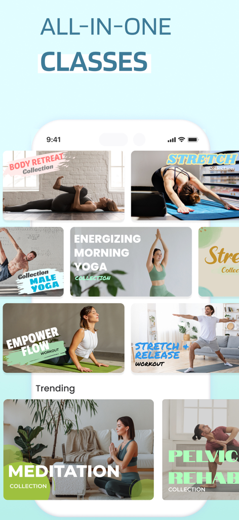 A mobile app interface for YogaFit showing various yoga collections like morning yoga meditation and stretching