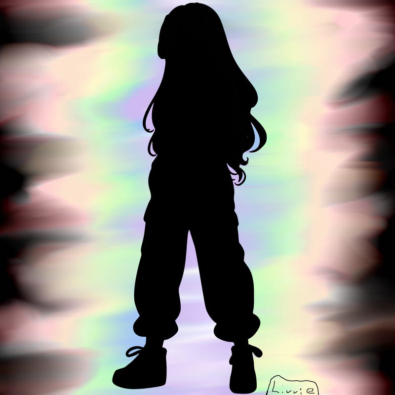 girl in baggy pants crop top and long hair