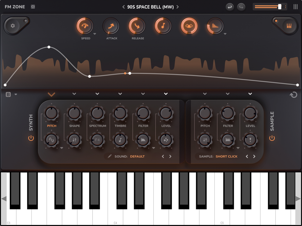Interface of the FM Zone boutique FM synthesizer app for iPad featuring sound design knobs, a waveform visualizer, and a piano keyboard.