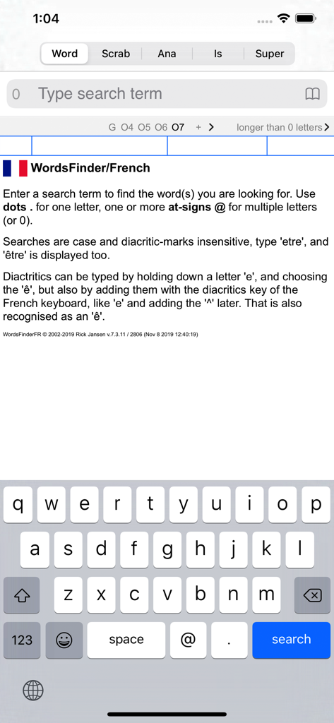 Interfaz de la aplicación F Words Finder French PRO mostrando instrucciones de búsqueda y teclado