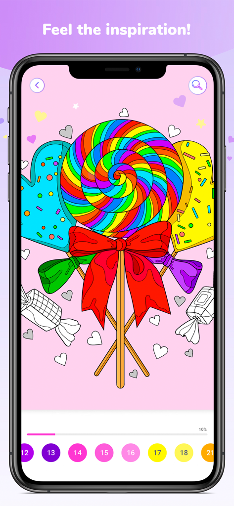 Art Collection Color by Number - Página de colorear digital de un vibrante pirulí de arcoíris y varios dulces dentro de la aplicación