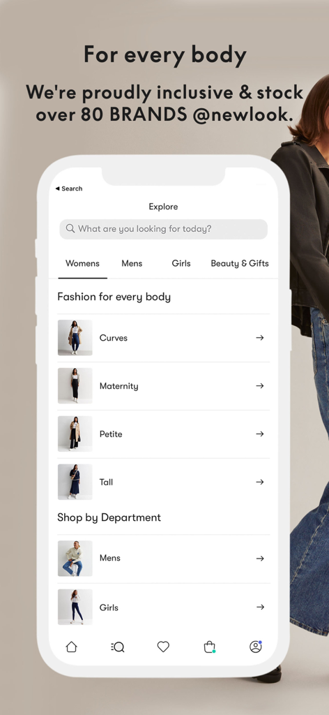 New Look Fashion Online - Interface de l'application mobile New Look montrant des catégories de mode inclusives pour différentes morphologies