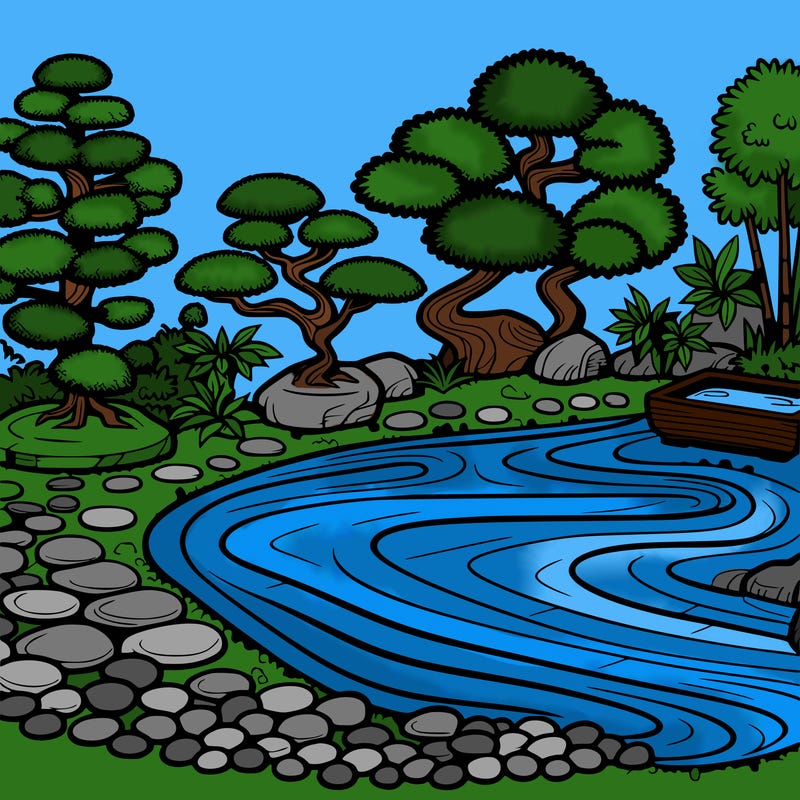 a serene zen garden with raked gravel, bonsai trees, and tranquil ponds