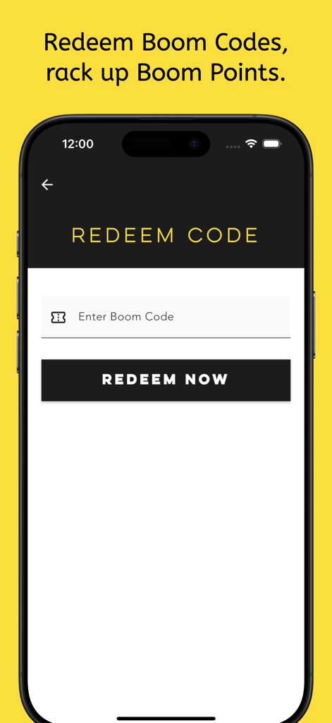 Boom Club app interface showing the redeem code screen where users enter codes from drink cans to earn reward points