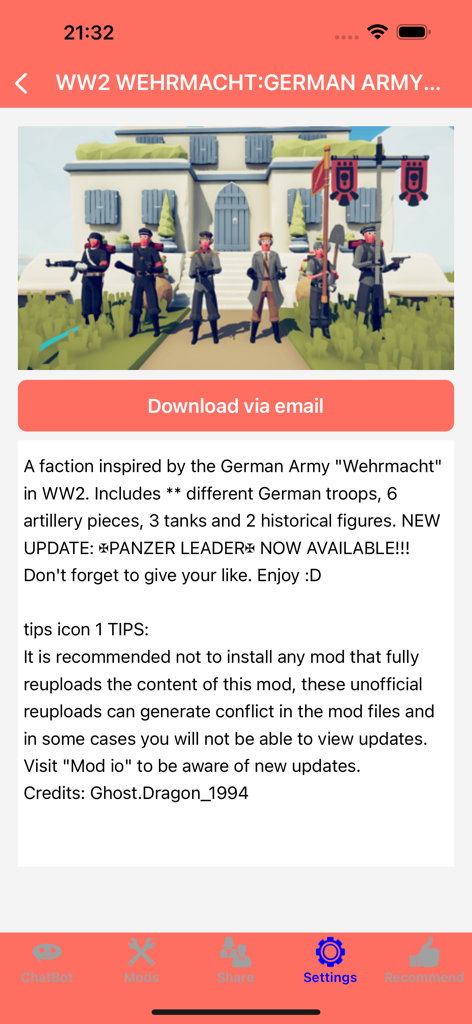 A screenshot from the TABS mod showcase app detailing the WW2 Wehrmacht German Army faction with preview images of units.