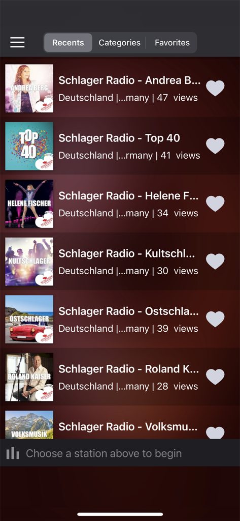 KeepOne Radio - KeepOne Radio app interface showing a list of German Schlager radio stations.