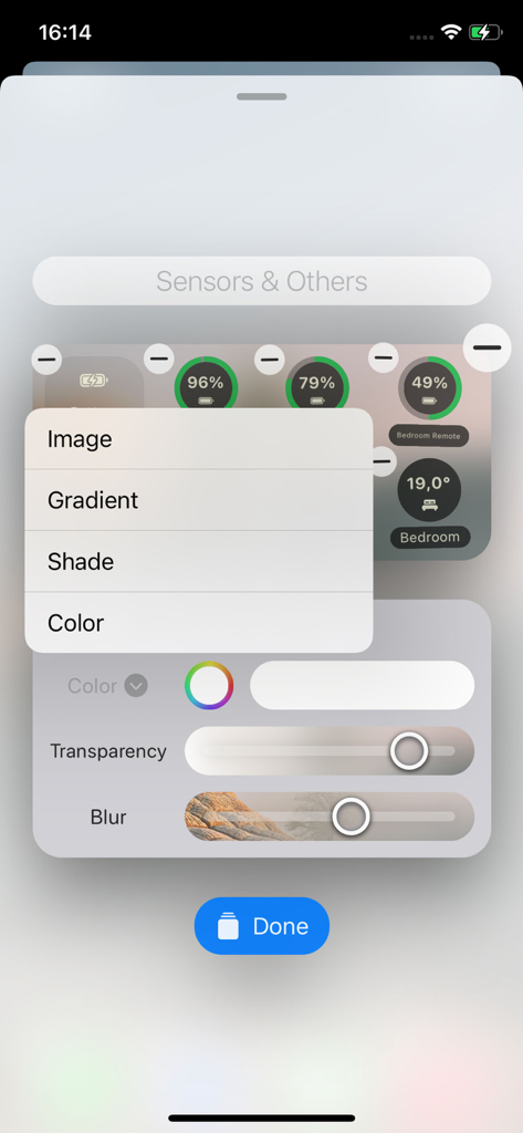 Home Widget - for HomeKit - Customization interface for HomeKit widgets with transparency and blur sliders