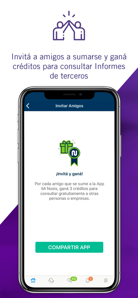 Referral screen in the Mi Nosis app showing a promotion to earn free credit report queries by inviting friends.