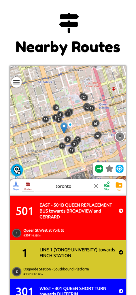 GTA Transit app screen showing nearby routes and a map of Toronto