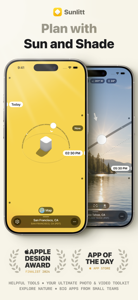 Promotional image for Sunlitt app showing sun and shadow tracking on two iPhone screens with Apple Design Award finalist badges.