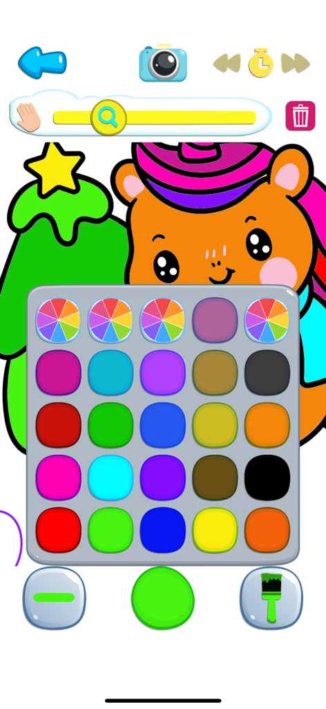 Kawaii Unicorn: Coloring World - Um menu de seleção de paleta colorido sobre um desenho de animal fofo na interface do aplicativo Kawaii Unicorn Coloring World.