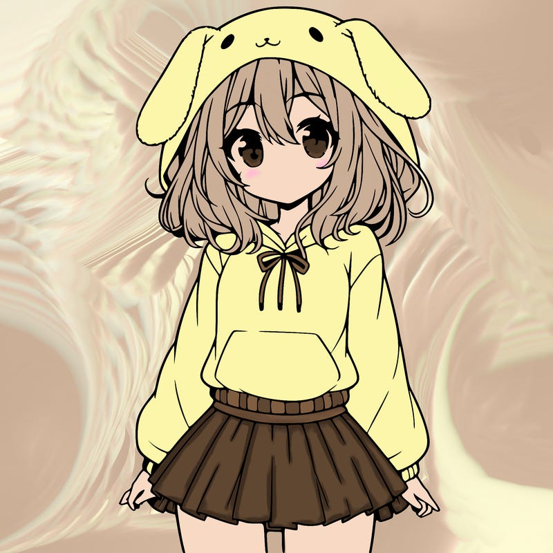 pretty anime girl wearing a fluffy hoodie with bunny ears on the hood and a skirt