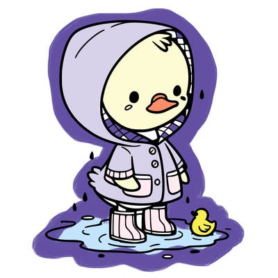 baby duck in a rain coat and boots, in a puddle while it’s raining