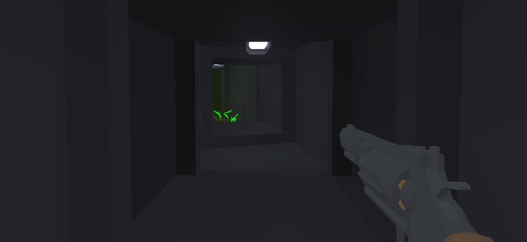 Bunker 24: Survival Story Game - First person view of a dark bunker hallway with a revolver and glowing green plants.