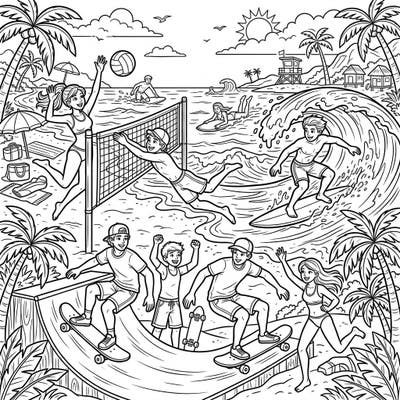 Capture the high-energy vibe of summer with this action-packed coloring page designed for teens. Featuring a lively beach scene where friends enjoy volleyball, surfing, and skateboarding.