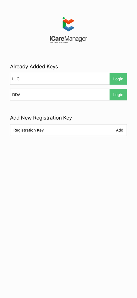 iCareManager login screen showing registration keys and facility access buttons