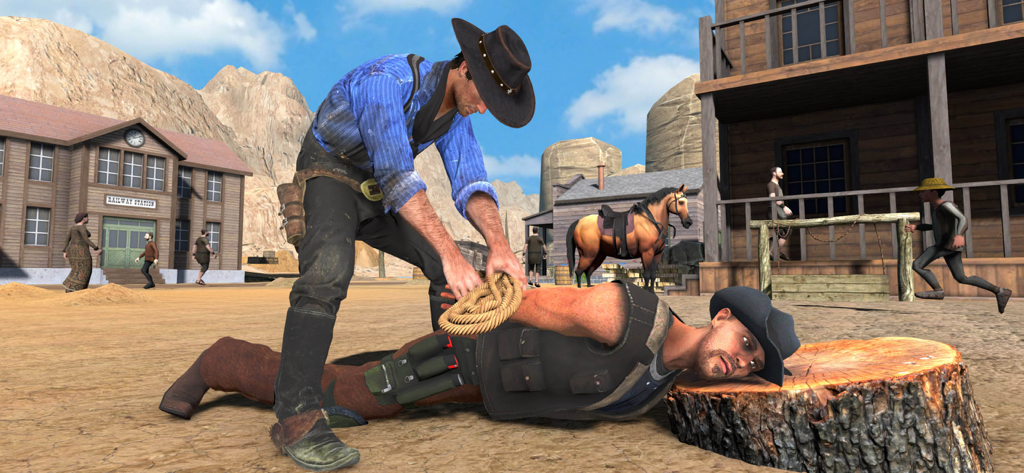 A cowboy capturing and tying up an outlaw in a western town square.